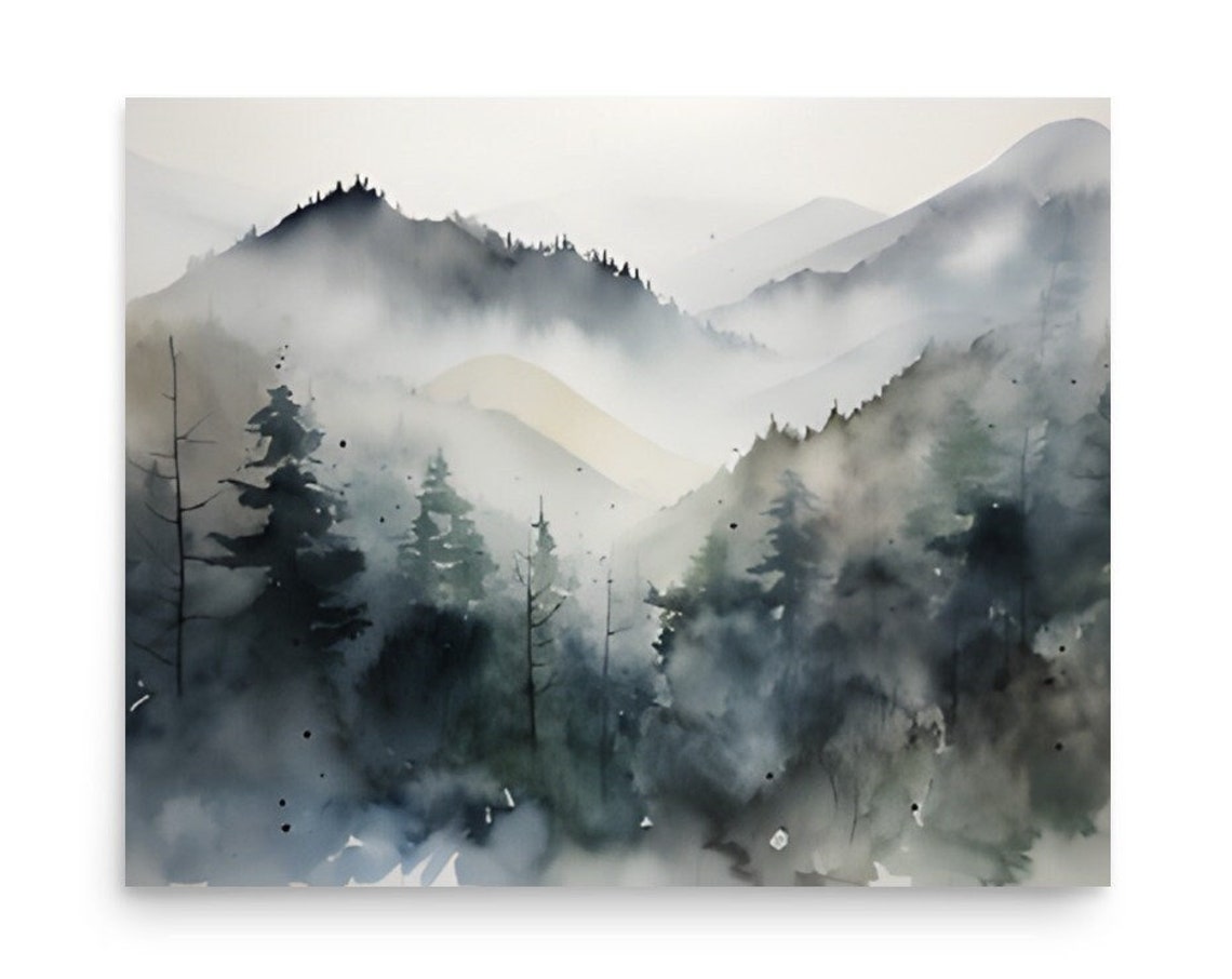 Foggy Pine Forest Watercolor in Muted Gray and Blue Tones Poster