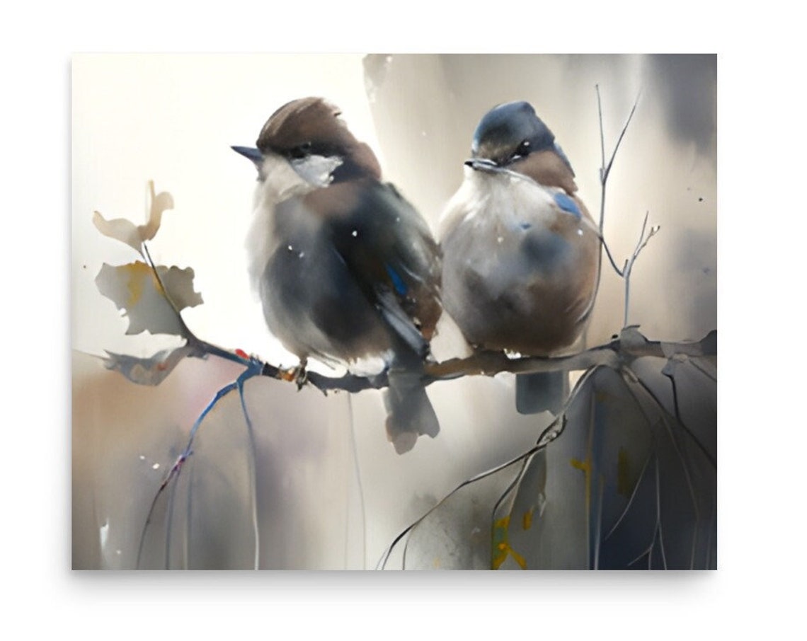Two Sparrows on a Bare Winter Branch Watercolor Bird Art Poster