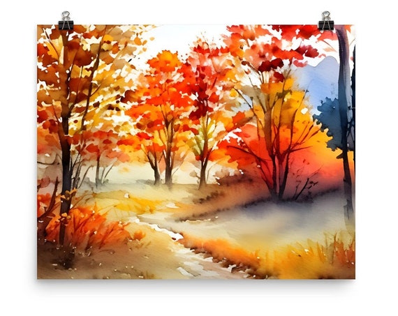 Autumn Forest Watercolor Art Print, Farmhouse Decor
