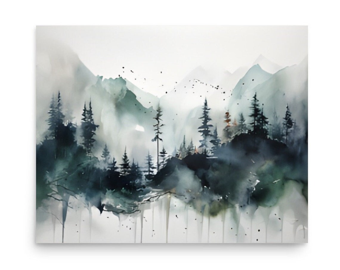 Misty Mountain Pine Forest Moody Fog Watercolor Landscape Poster