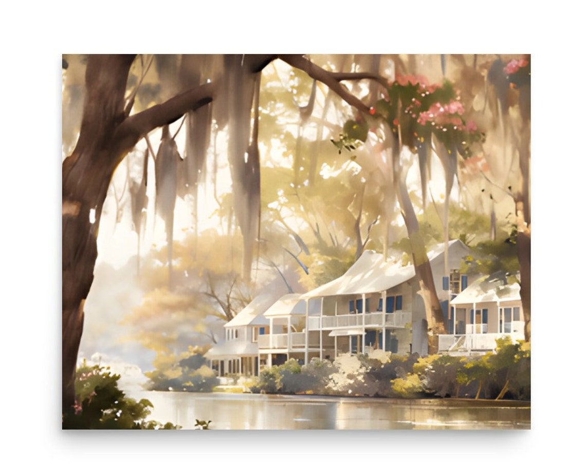 Louisiana Landscape Watercolor Painting River And House In Louisiana Art Print Panoramic Cityscape Wall Art Large Louisiana Poster