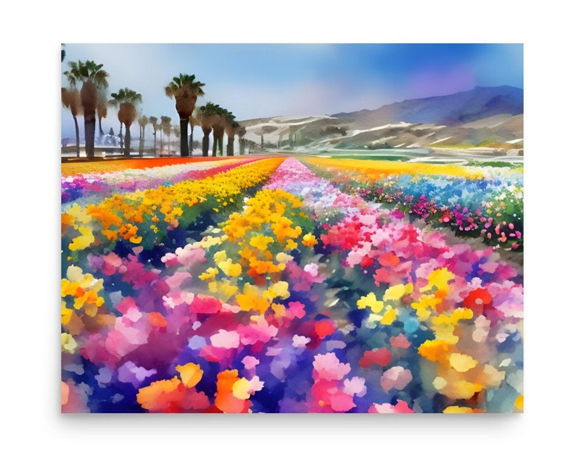 California Painting Carlsbad Flower Fields Watercolor Art Print California Spring Landscape Wall Art Field Of Flowers Landscape Art Poster