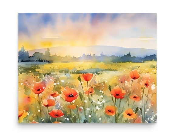 Poppy Field Sunset Watercolor Meadow Art Print
