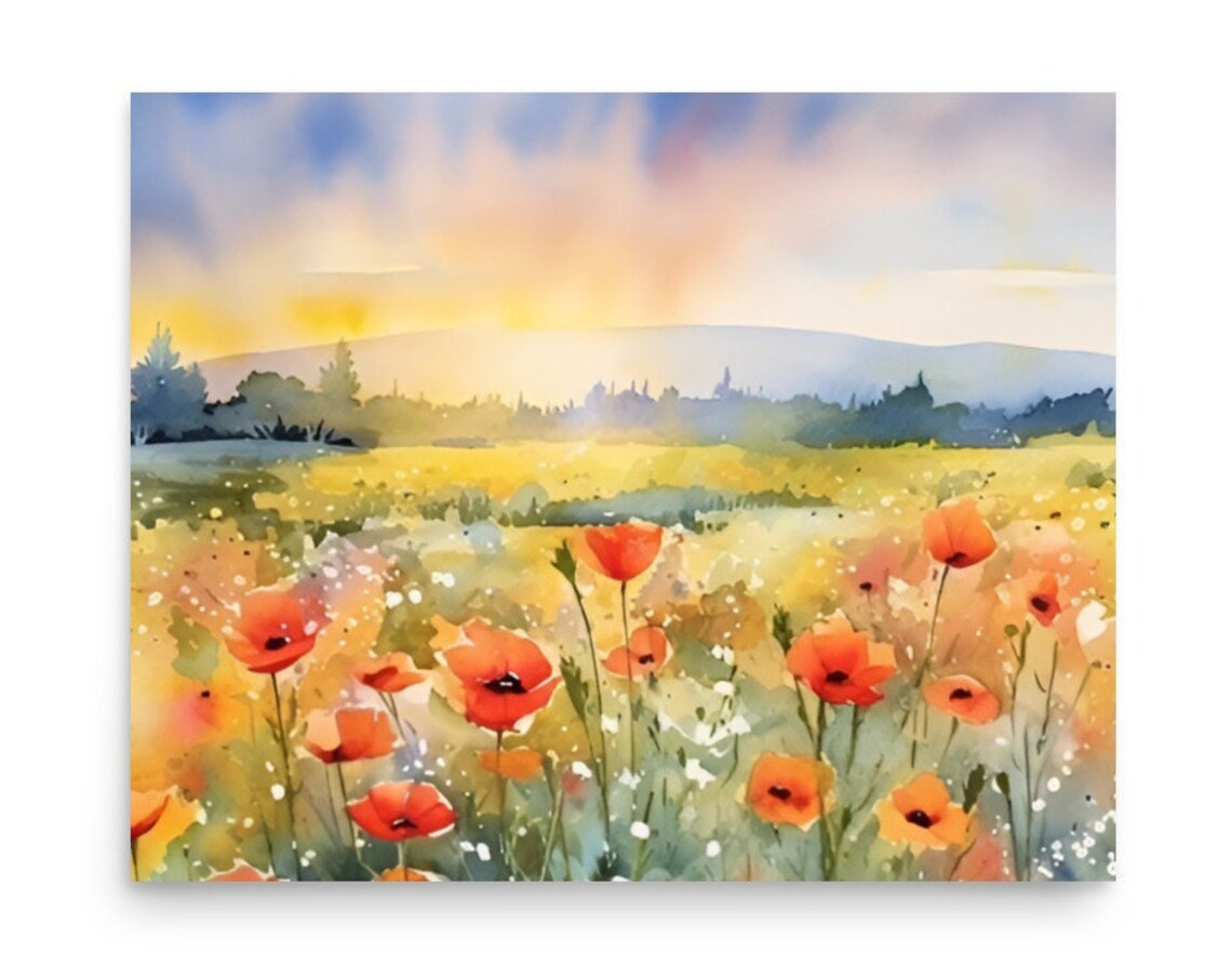 Poppy Field Sunset Watercolor Meadow Art Print