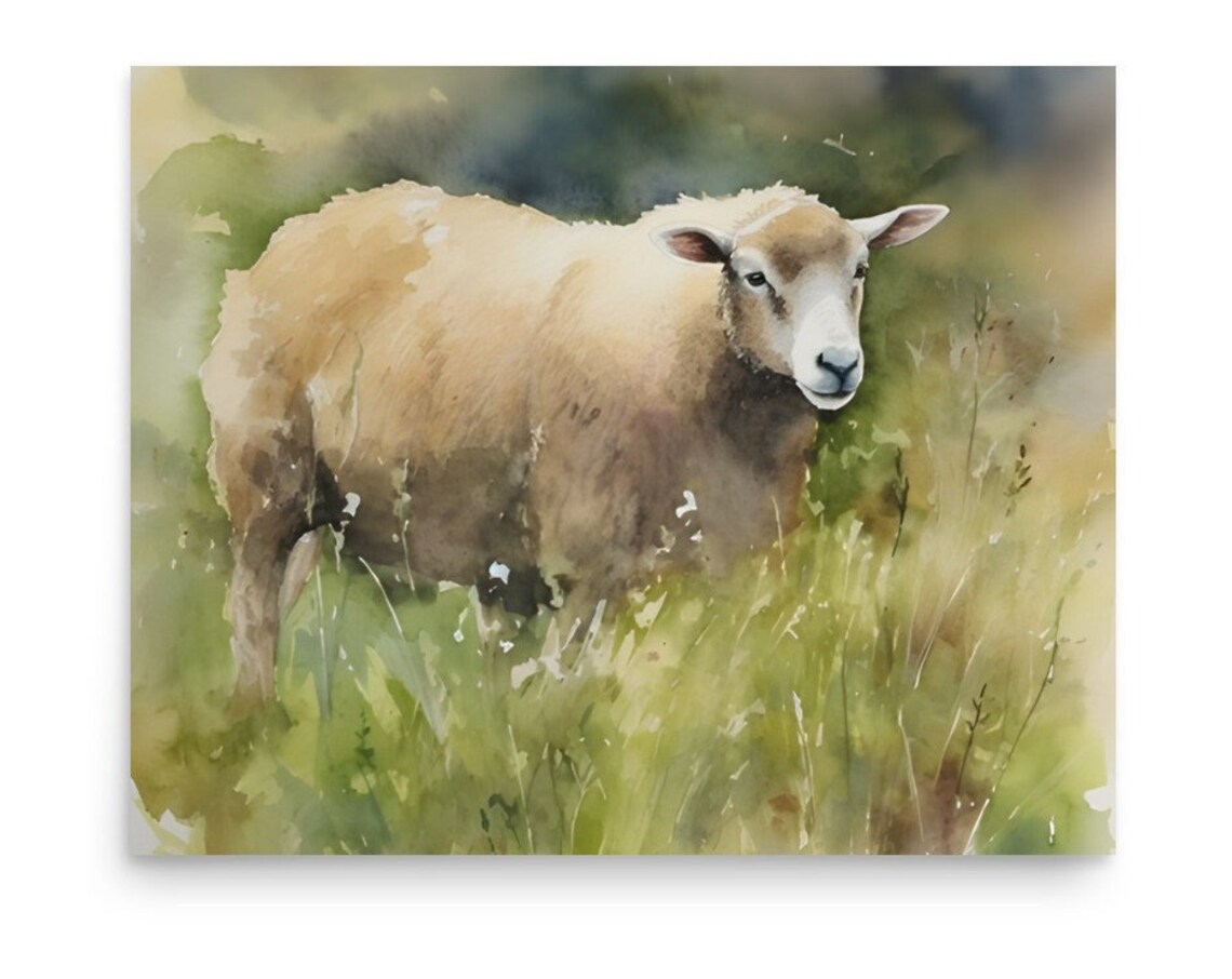 Sheep Watercolor Art Print, Farmhouse Meadow Scene