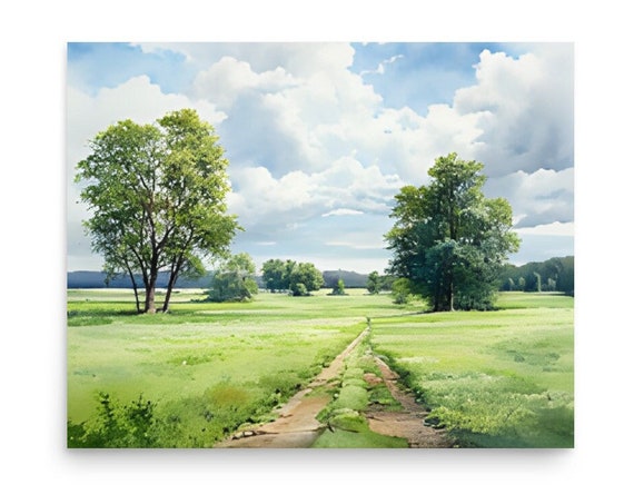 Oak Tree Watercolor Painting Old Oak In Green Meadow Wall Art Tree In Green Grass Field Art Print Panoramic Meadow And Old Tree Art Poster