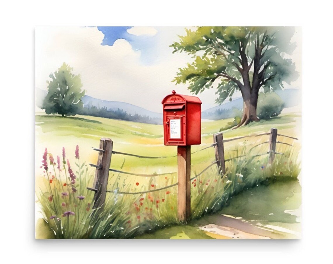 Mailbox on Country Road Watercolor Landscape Art Print