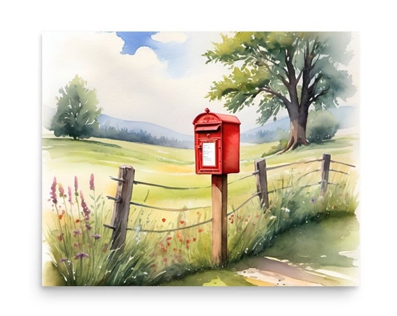 Mailbox on Country Road Watercolor Landscape Art Print