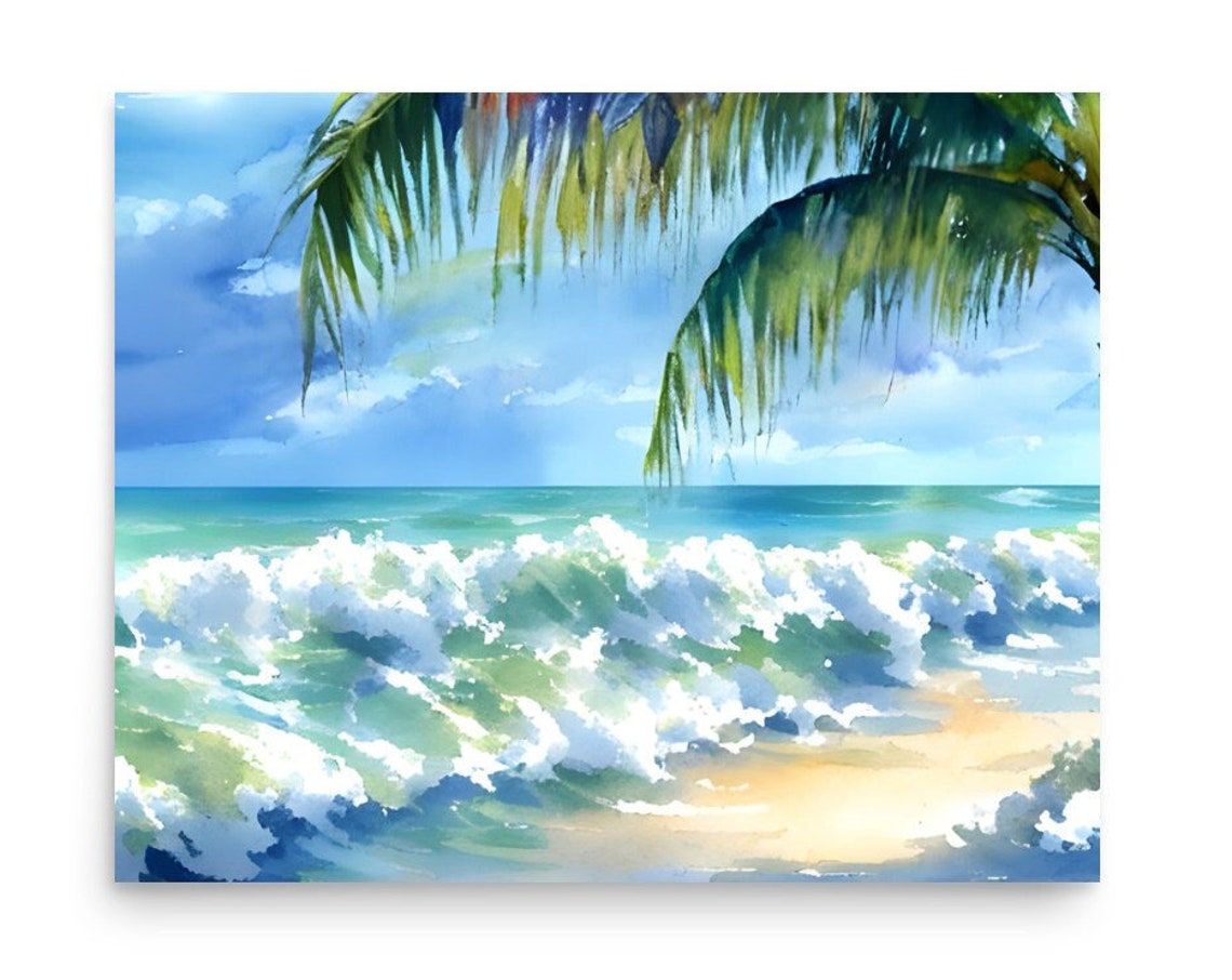 Tropical Sea Beach And Palm Trees Watercolor Painting Tropical Seascape Art Print Sea Coastal Art Large Wall Art Tropical Island Landscape