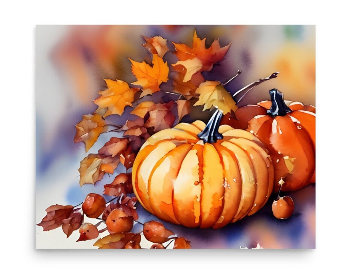 Golden Pumpkins With Maple Leaves And Berries Watercolor Fall Print