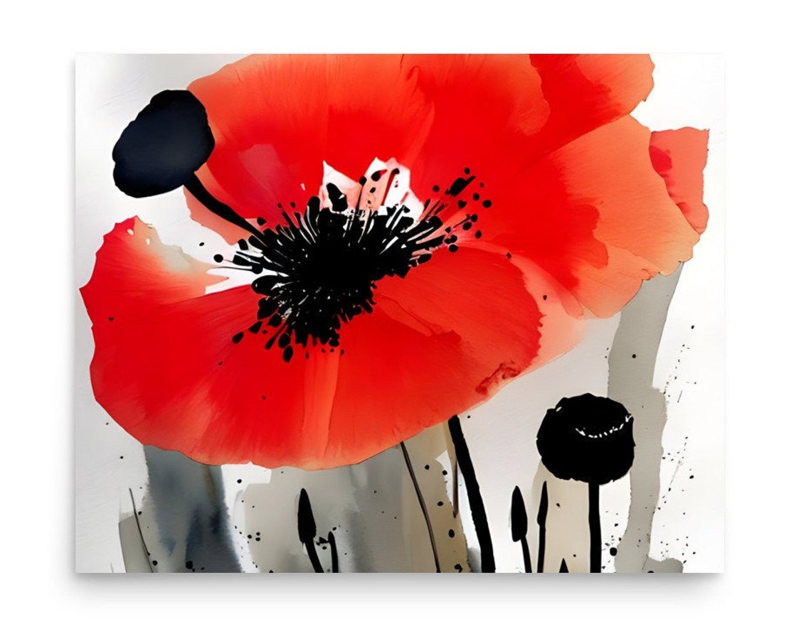 Bold Red Poppy Close-Up Scarlet Ink Watercolor Floral Art Poster