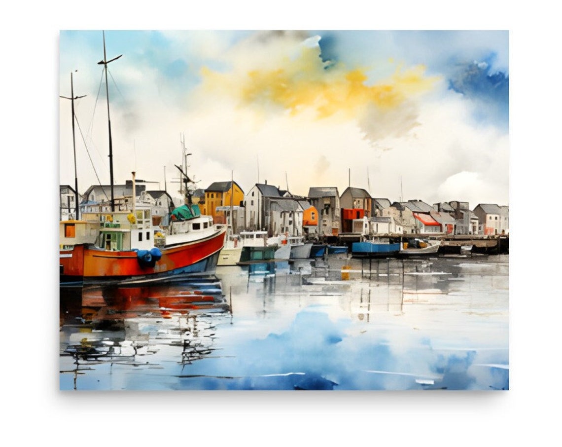 Scandinavian Fishing Village Painting Fishing Ships Watercolor Art Print Harbor Wall Art Scandinavian Houses Art Panoramic Sea Port Painting