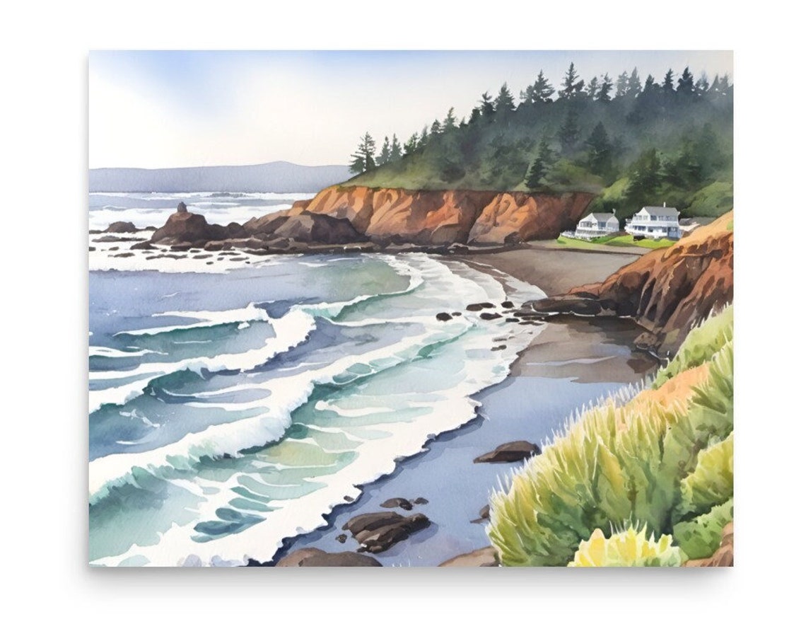 Oregon Coast Rocky Cliffs Beach Houses Watercolor Seascape Poster