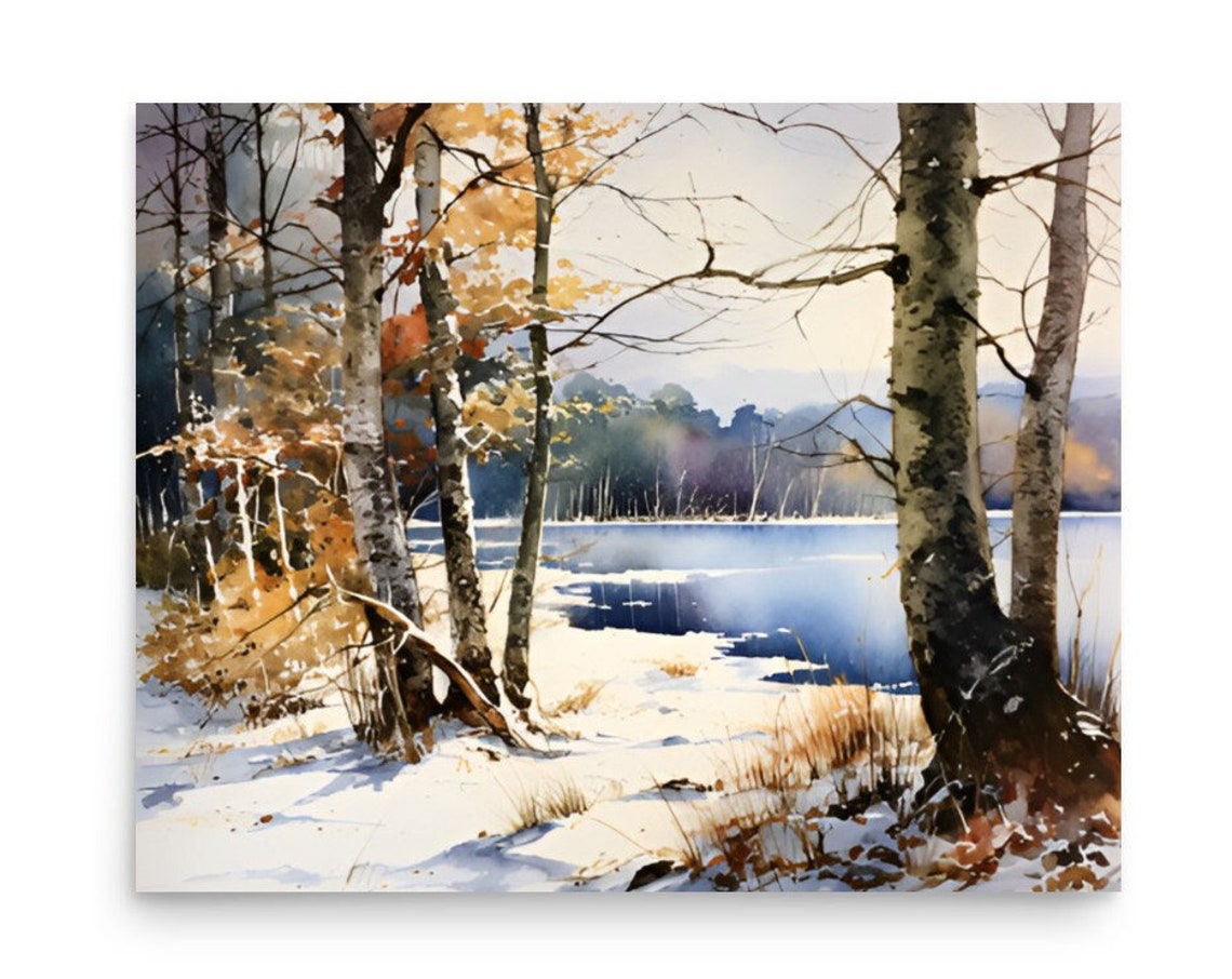Radnor Lake Painting Nashville Lake Watercolor Art Print Tennessee Winter Landscape Wall Art Forest Lake Watercolor Art Winter Landscape Art