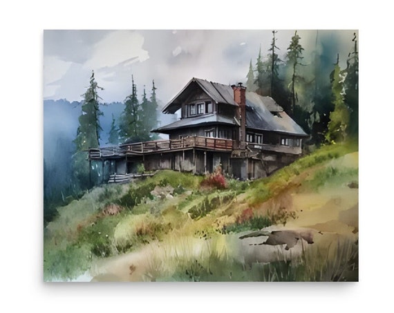 Hunting Lodge Painting Idaho Mountain Cabin Watecolor Art Print Idaho Landscape Art Print Pacific Northwest Mountain Forest Landscape Print
