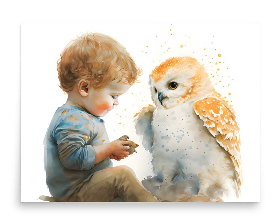 Child And White Owl Watercolor Painting Little Boy With Owl Art Print Child With Bird Wall Art Pet Portrait Print Nursery Wall Art Bird Art