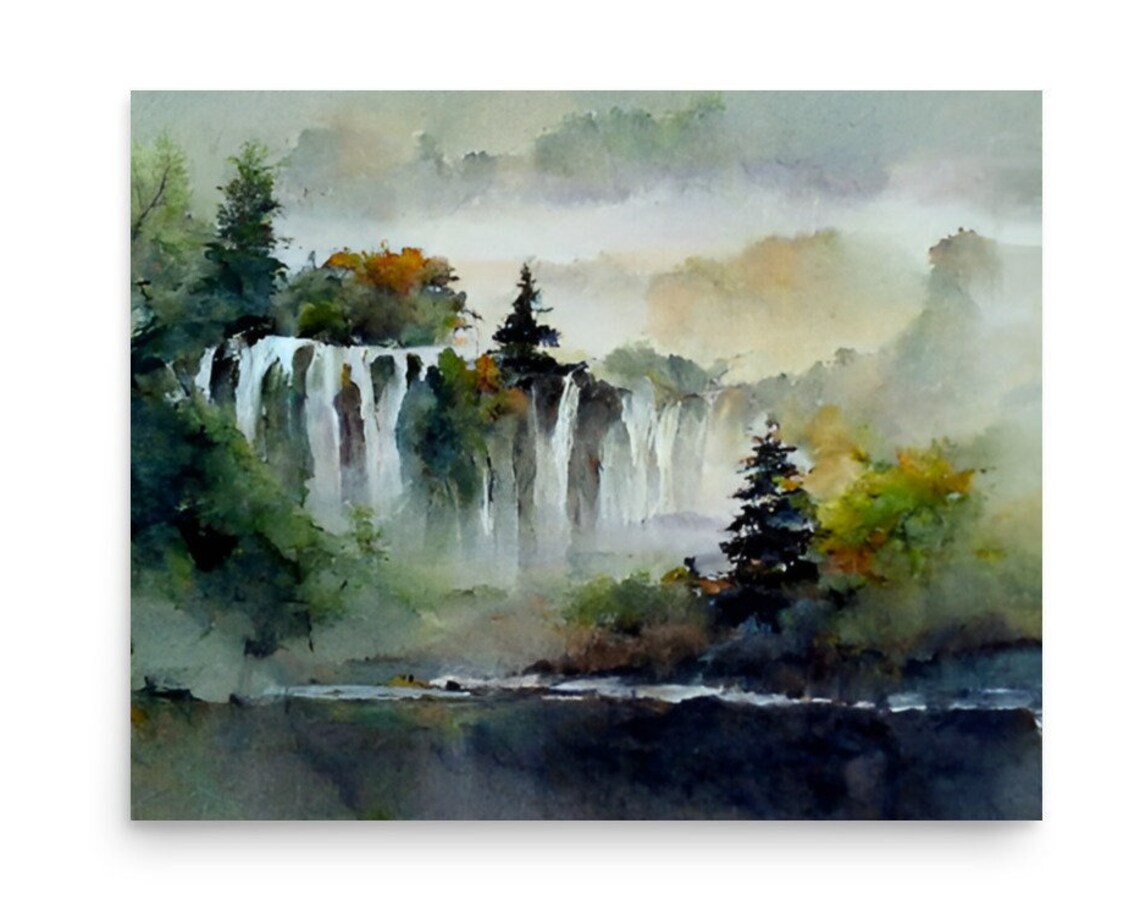 Misty Waterfall Cascades Forest Fog Dreamlike Watercolor Poster