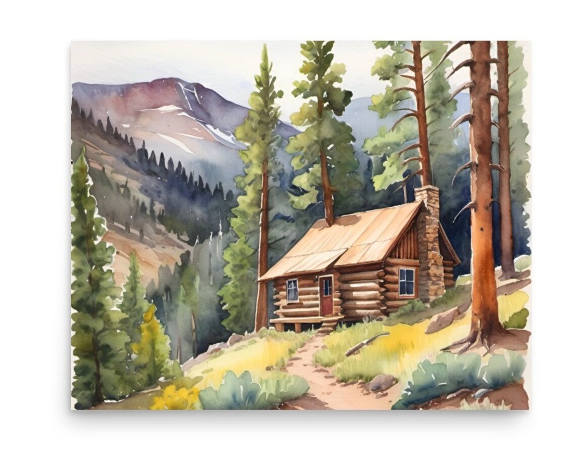 Colorado Mountain Cabin Pine Forest Watercolor Landscape Poster