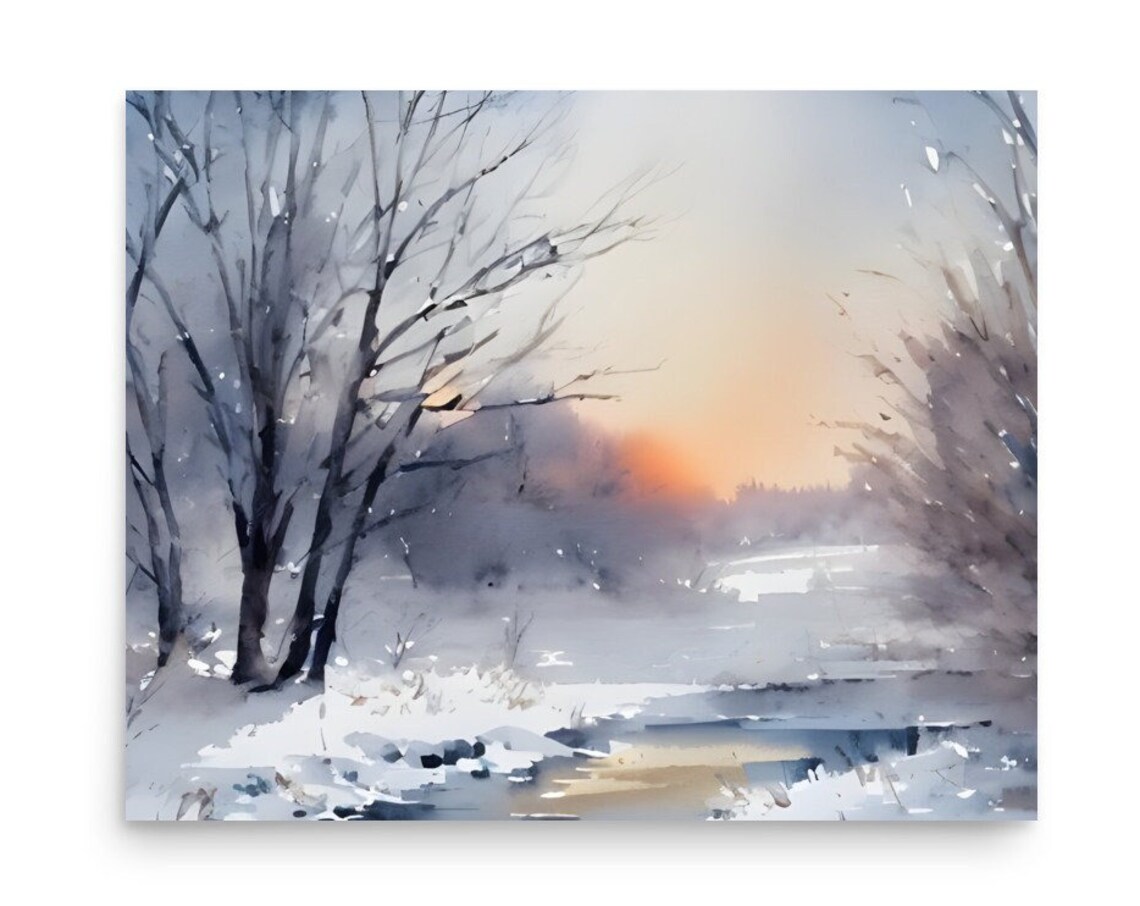 Winter Sunrise Glowing Through Foggy Forest Stream Watercolor Poster
