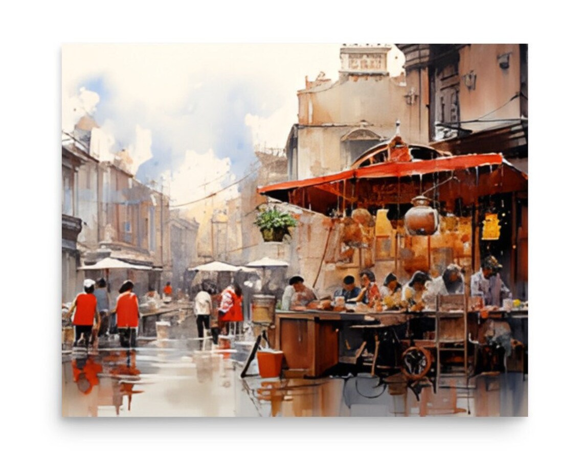 European Old Town Street Market Red Canopy Watercolor Cityscape Poster