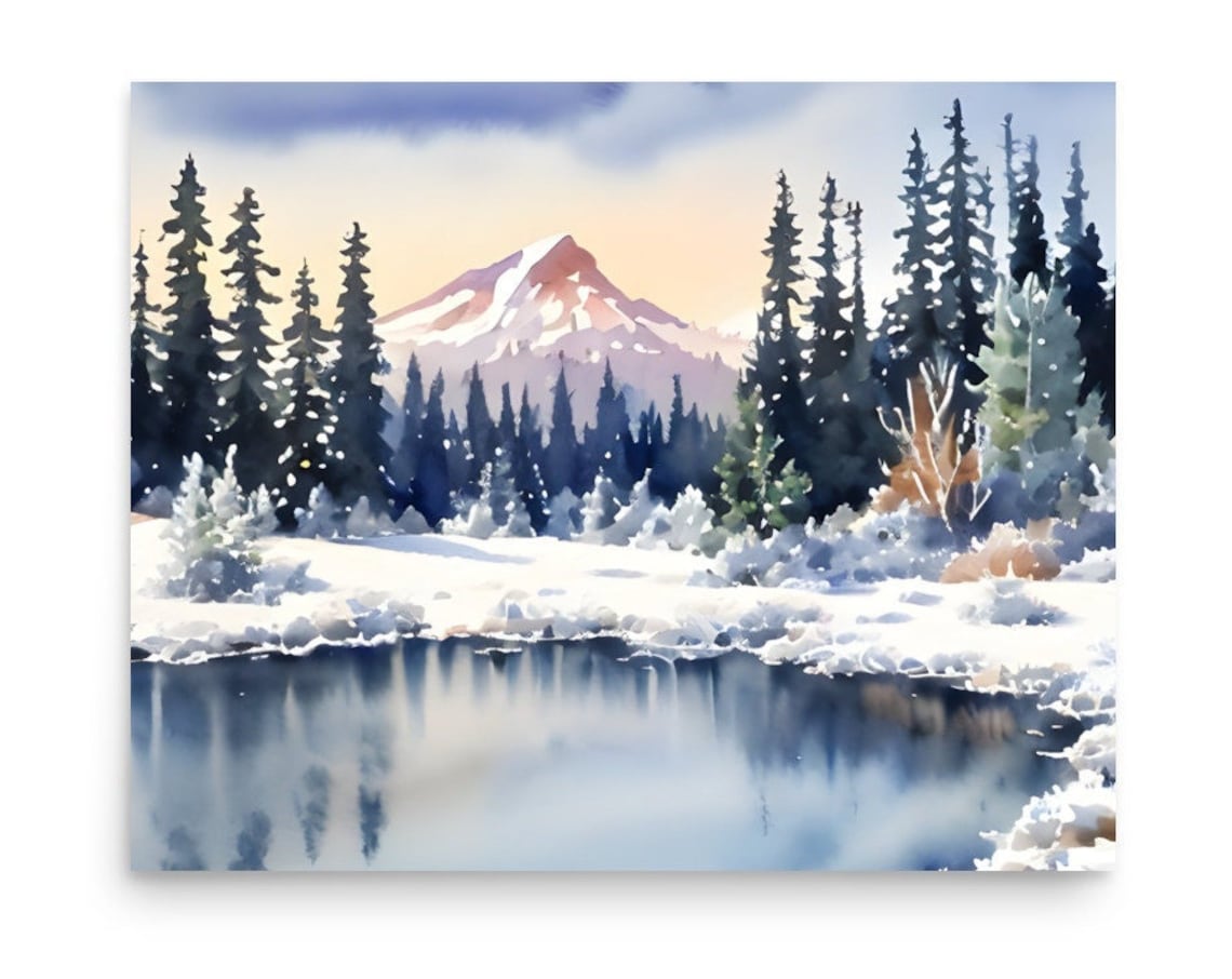 Winter Mountain Lake Watercolor Sunset Over Snowy Peaks Poster