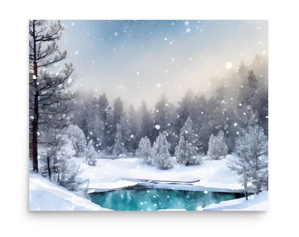Snow Falling Over Turquoise Lake In Snowy Pine Forest Art Poster