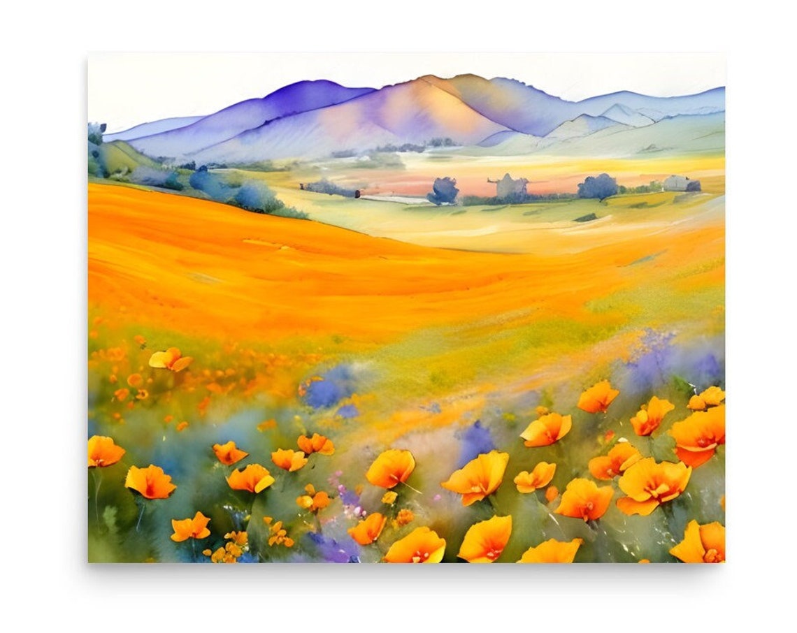 California Poppies Field Watercolor Painting Orange Poppies Art Print Panoramic Wildflowers Field Wall Art Watercolor California Poppy Art