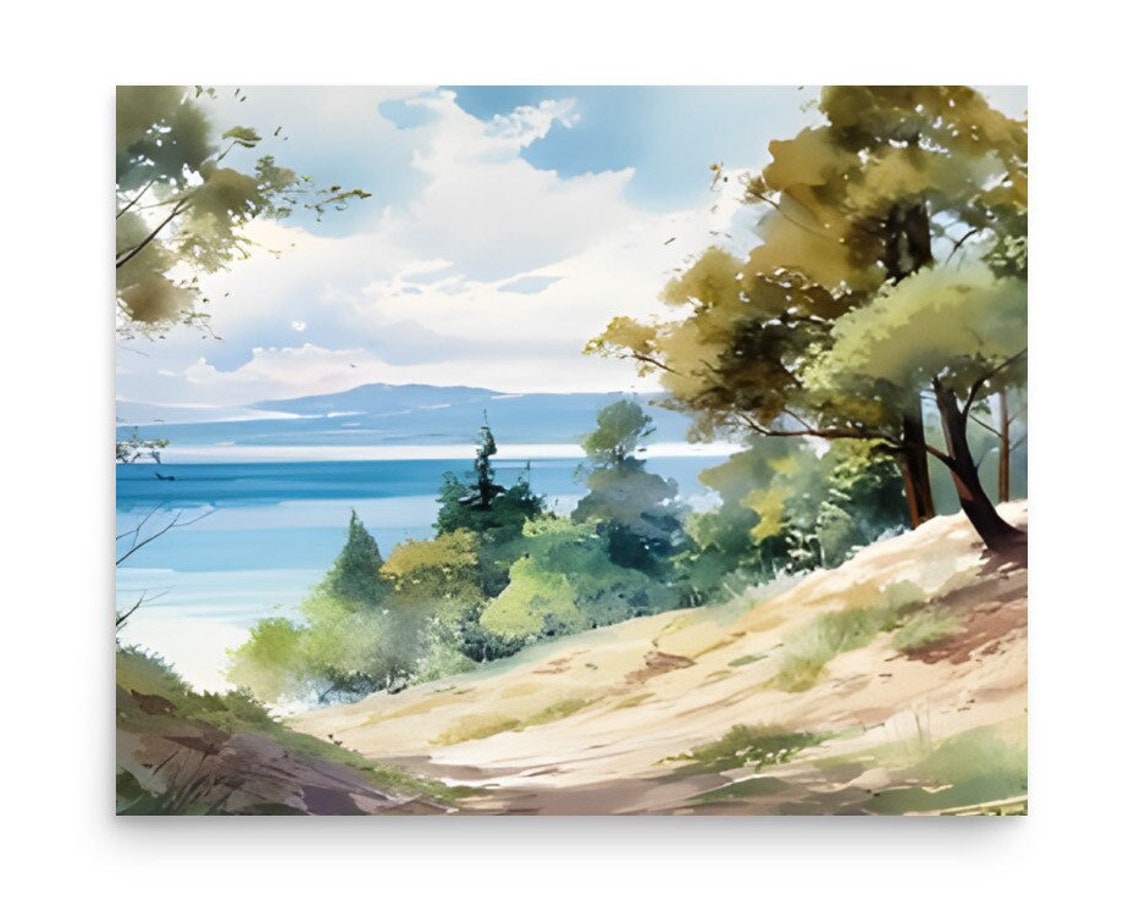 Lakeside Dune Path Watercolor Overlooking Calm Blue Water Poster