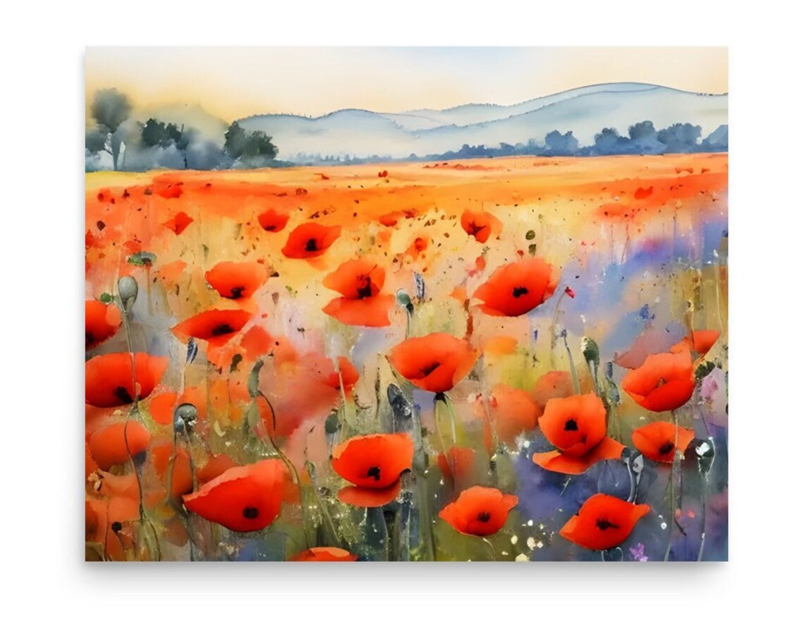 Poppies Field Watercolor Panoramic Landscape Art Print