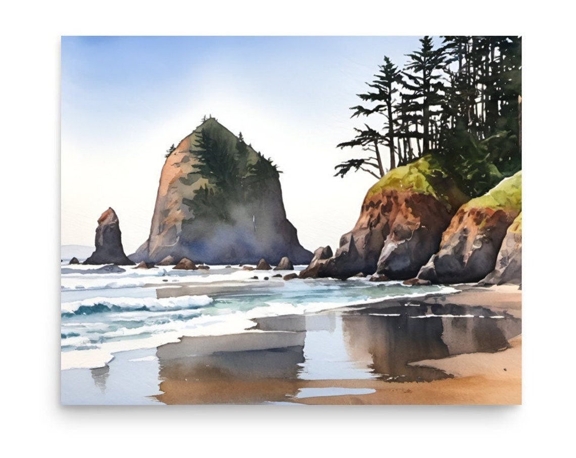 Cannon Beach Haystack Rock Seaside Oregon Coast Watercolor Poster