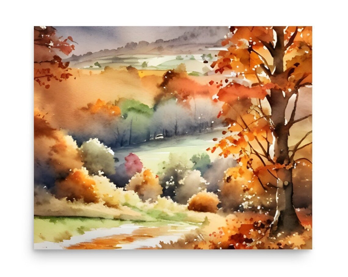 Autumn English Country Landscape Watercolor Art Print