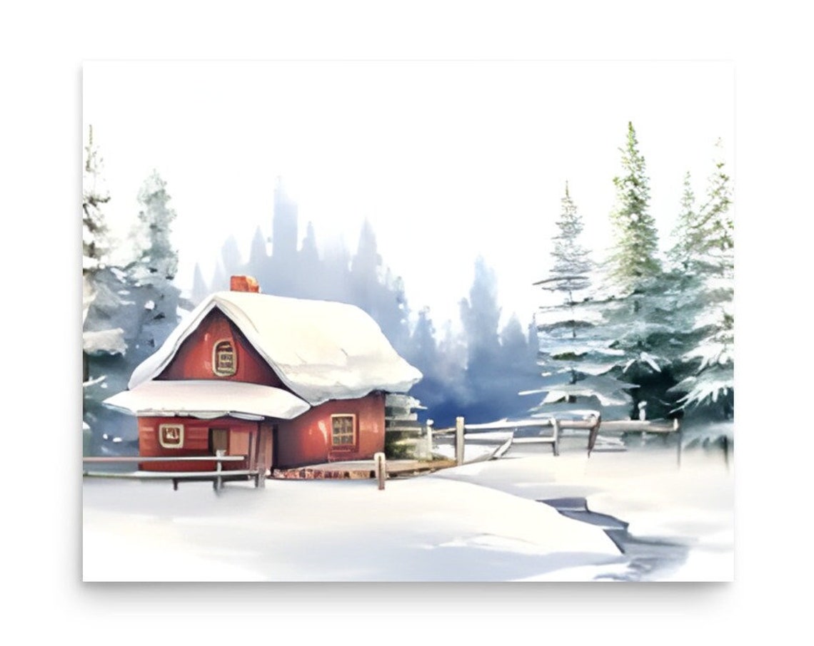 Cozy Red Wooden Cabin in a Snowy Pine Forest Winter Landscape Poster