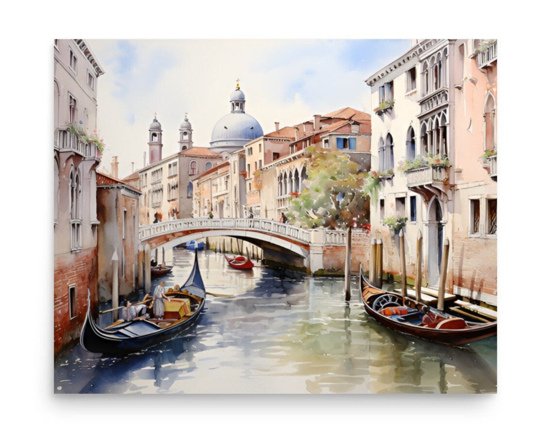 Venice Grand Canal Gondolas Stone Bridge Watercolor Travel Poster