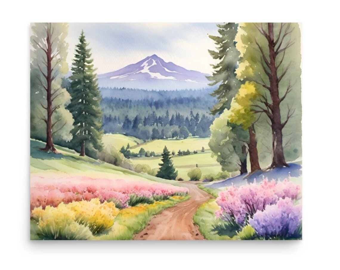 Mount Hood Watercolor Art Print, Oregon Mountain Valley