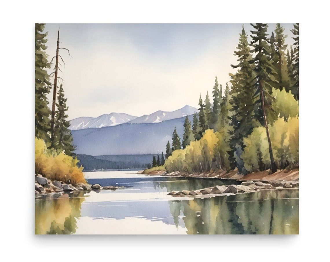 Lake Pend Oreille Painting Idaho Watercolor Art Print Mountain Lake Wall Art Pine Forest Art Idaho Mountain Landscape Poster Earth Tones Art
