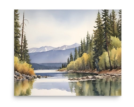 Lake Pend Oreille Painting Idaho Watercolor Art Print Mountain Lake Wall Art Pine Forest Art Idaho Mountain Landscape Poster Earth Tones Art