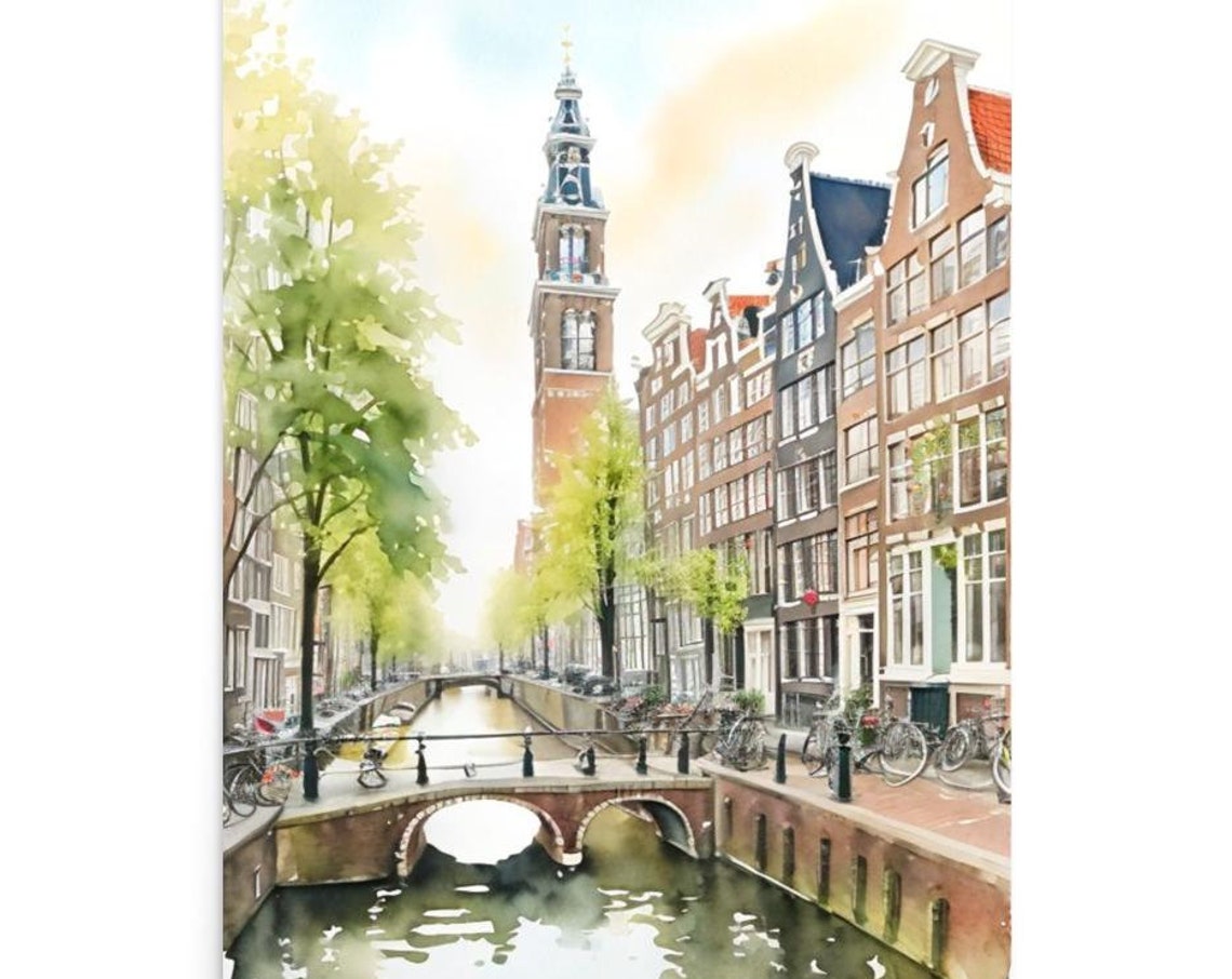 Amsterdam Painting Netherlands Cityscape Watercolor Art Print Amsterdam Travel Poster Europe Cityscape Wall Art Amsterdam Illustration