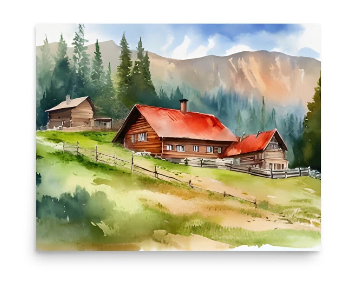 Red Roofed Log Cabins Beneath Rocky Mountain Cliffs Watercolor Print