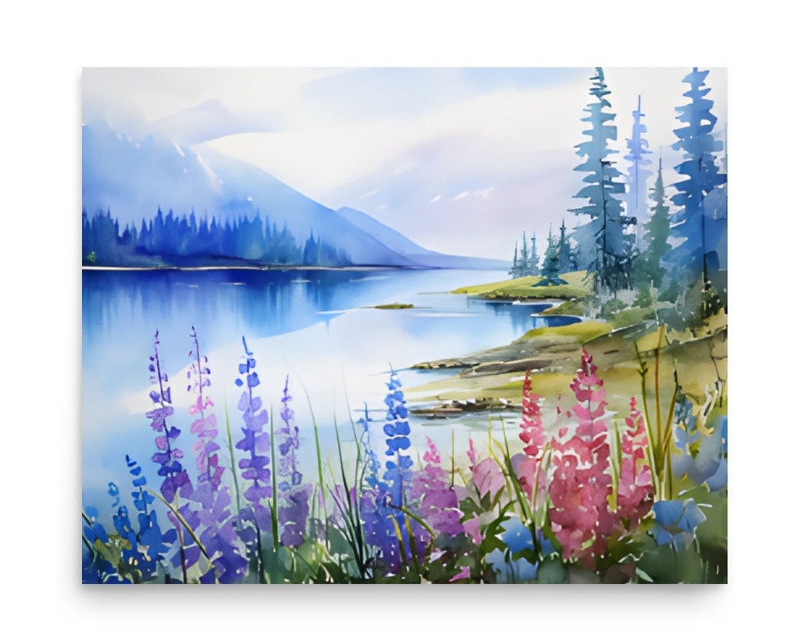 Mountain Lake Watercolor With a Spring Wildflower Meadow Poster