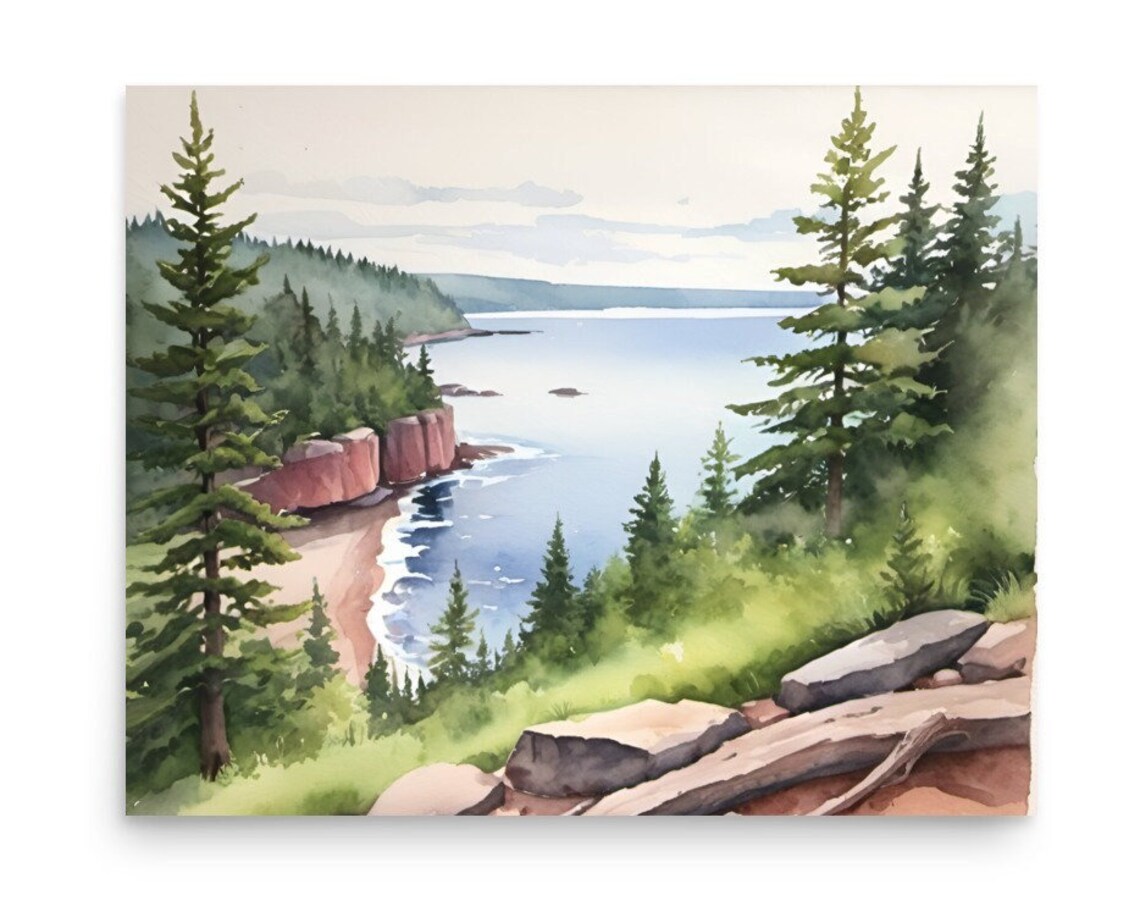 Lake Superior Painting Mountain Lake Watercolor Art Print Pine Fores Wall Art Great Lakes Of North America Panoramic Evergreen Landscape Art