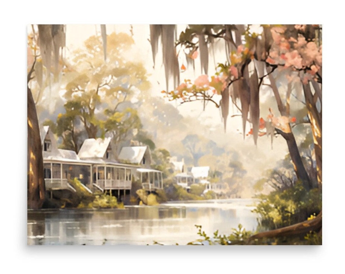 New Orleans Painting Louisiana Landscape Watercolor Art Print Lake House Wall Art Tree Art Louisiana Cityscape And Lake Fine Art Print
