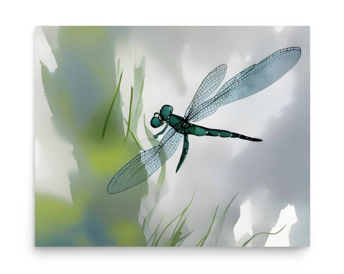 Dragonfly Watercolor Meadow Painting Dragonfly Art Print Botanical Wall Art Insects Watercolor Painting Green Blue White Floral Poster