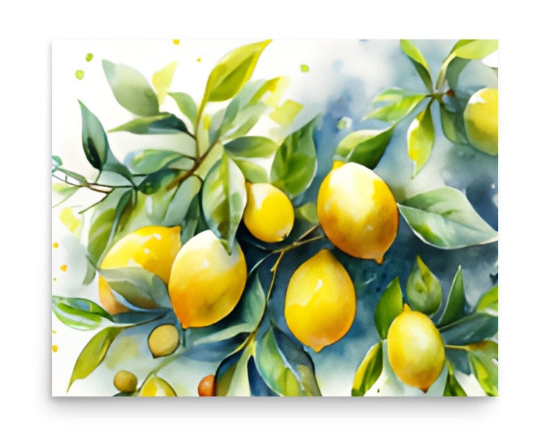 Bright Lemon Branch Watercolor Botanical Citrus Fruit Art Poster