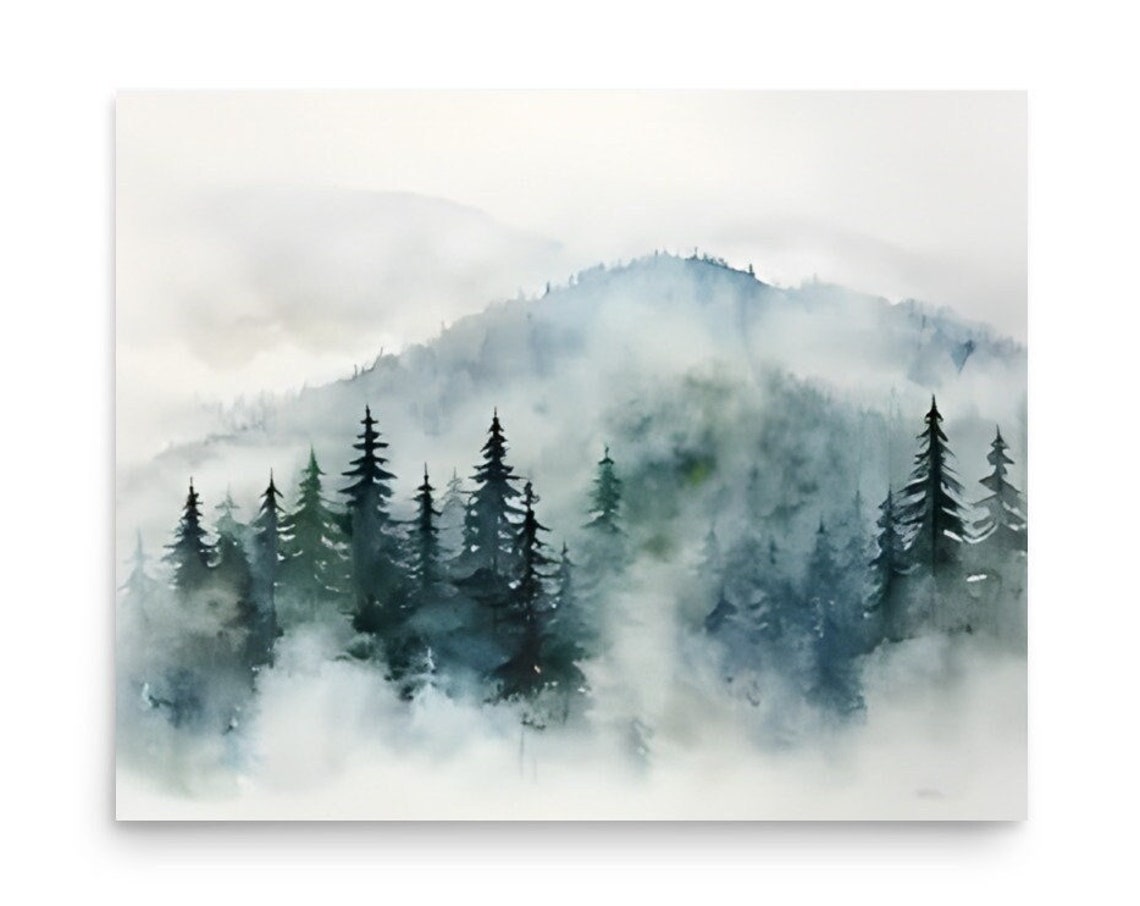 Foggy Mountain Pine Forest Watercolor in Pale White Mist Poster