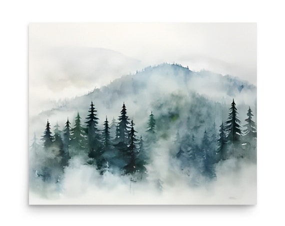 Misty Appalachian Mountains Painting Watercolor Foggy Mountain Pine Forest Evergreen Trees Art Print Panoramic Appalachian Mountains Poster