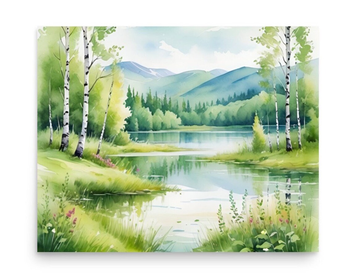 Colorado Aspen Lake Birch Forest Wildflowers Watercolor Poster