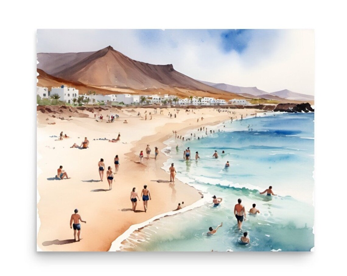 Fuerteventura Beach Bathers Volcanic Mountain Watercolor Poster