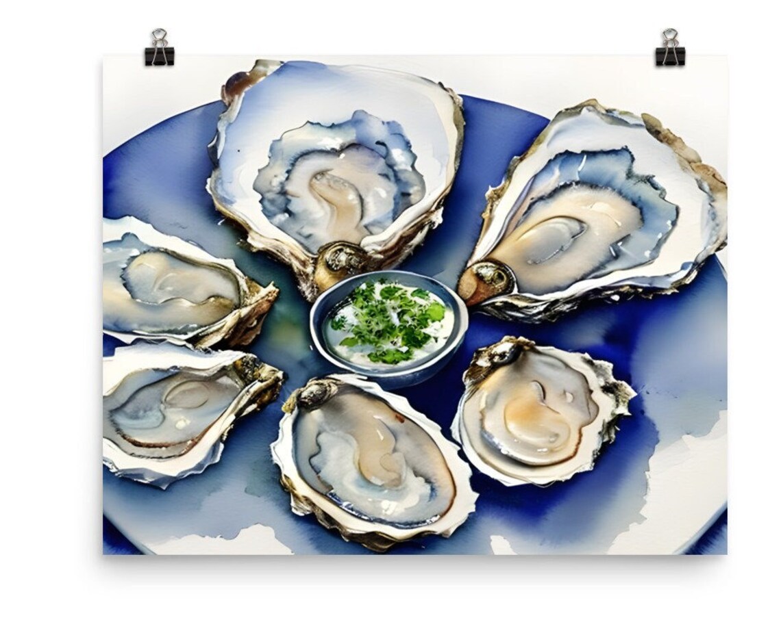 Oyster Still Life Watercolor Art Print, Farmhouse Kitchen