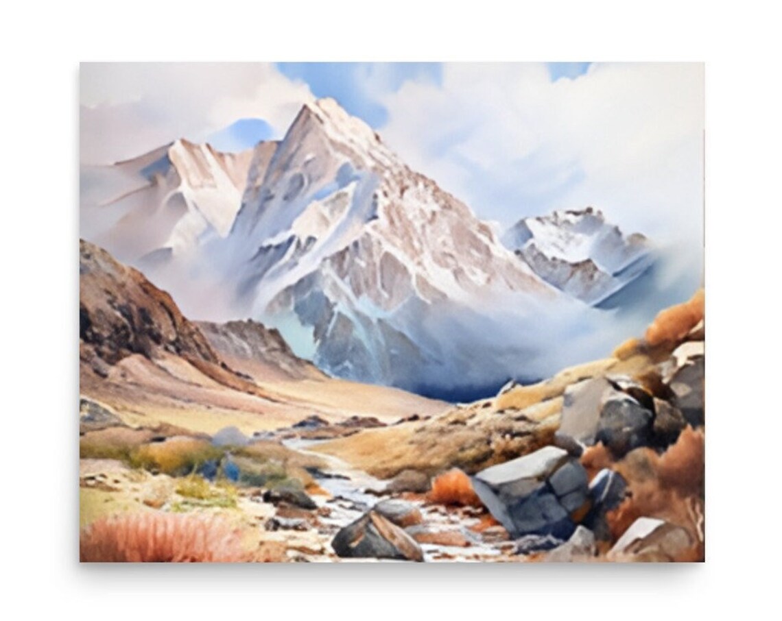 Tibetan Mountain Painting Himalayas Watercolor Art Print Everest Wall Art Panoramic Mountain Watercolor Landscape Art Everest Travel Poster