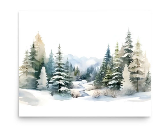 Winter Pine Forest Landscape Watercolor Painting Evergreen Forest Art Print Pacific Northwest Forest Landscape Art Pine Trees Wall Art